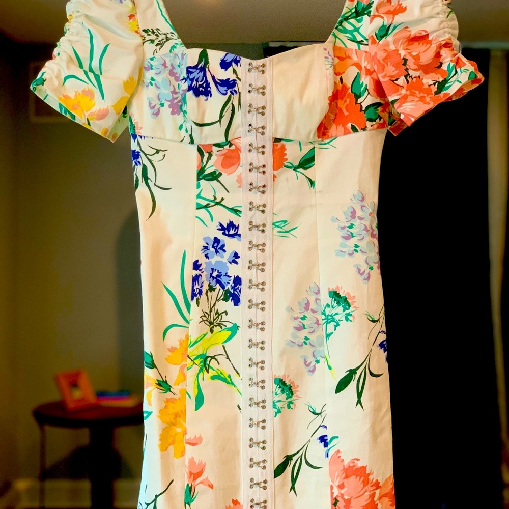Bright bold mini bodice puff sleeve dress. Urban Outfitters.